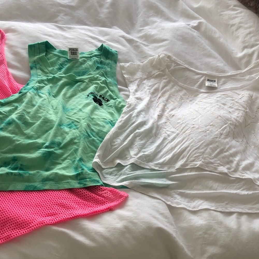 PINK Victoria's Secret Neon Pink Mesh Tank & Green Tie Dye & White lace top XS